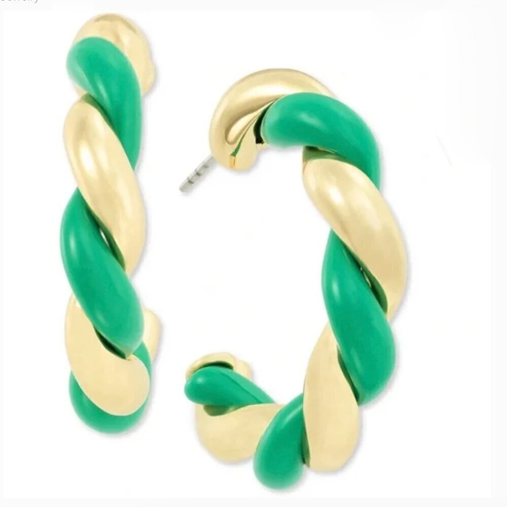 On 34th Green Gold Tone Swirl Pink Medium Hoop Earrings, 1.2",